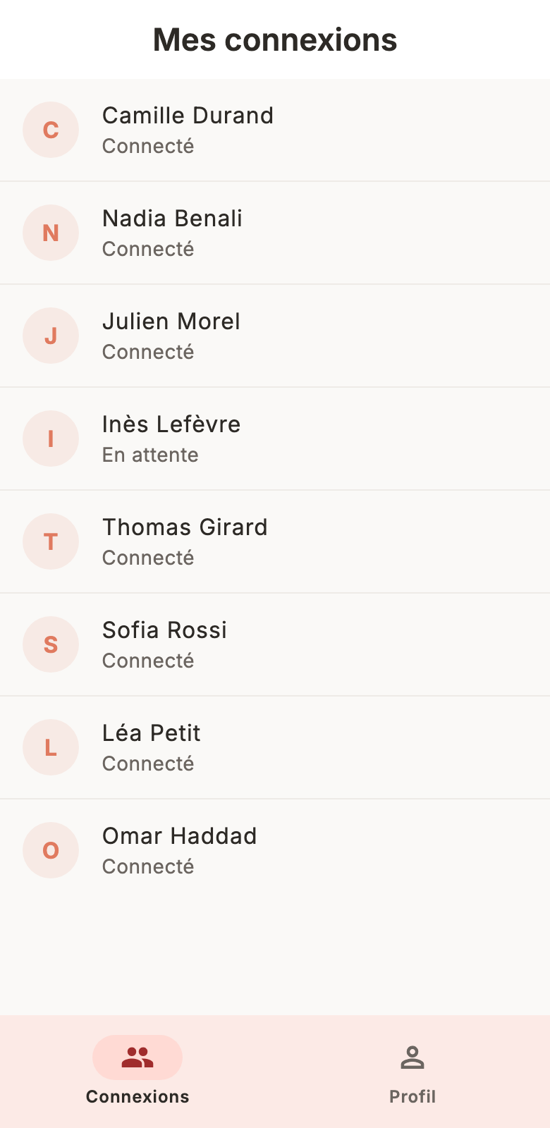 Écran « Mes connexions » : la liste des personnes de votre réseau, avec l’état de chaque connexion — connecté ou en attente.