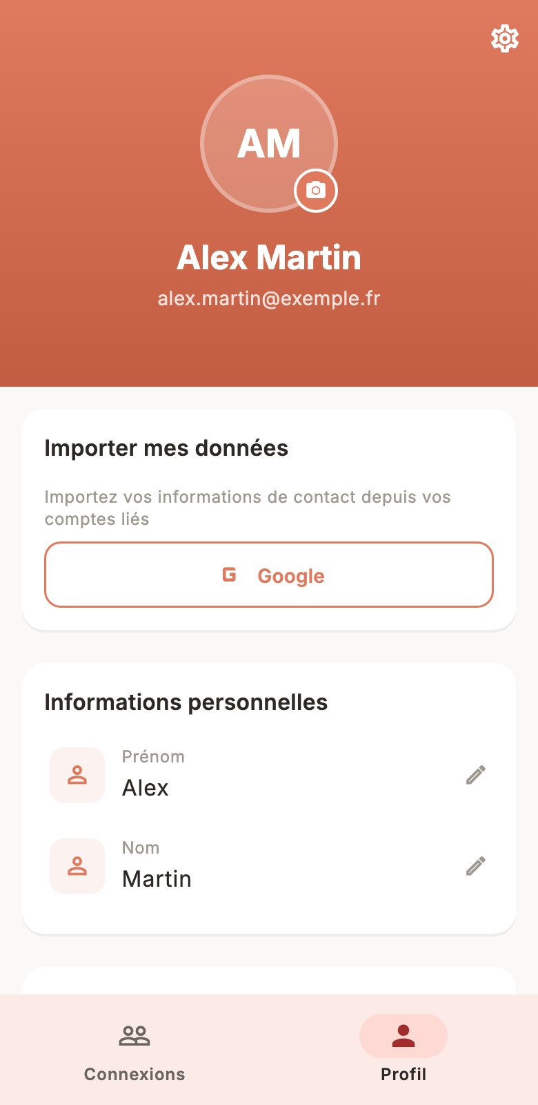 Écran « Profil » : votre propre fiche de contact, avec l’import de vos informations et chaque champ modifiable.